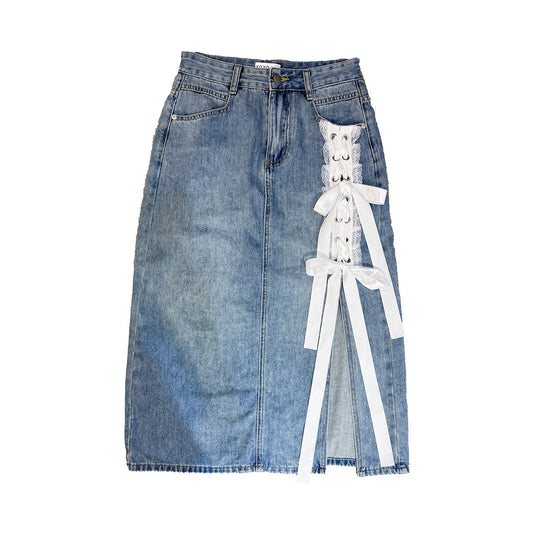 ILLUSTRATE YOUR HEART - RIBBON DENIM SKIRT (PRE-ORDER ITEM)