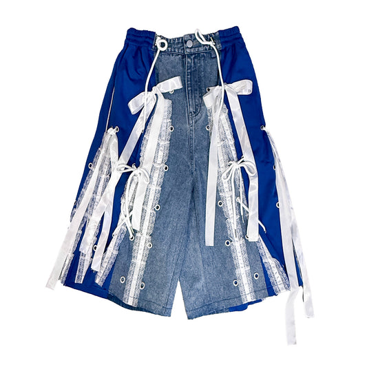 ILLUSTRATE YOUR HEART - RIBBON FABRIC MIX DENIM PANT (PRE-ORDER ITEM)